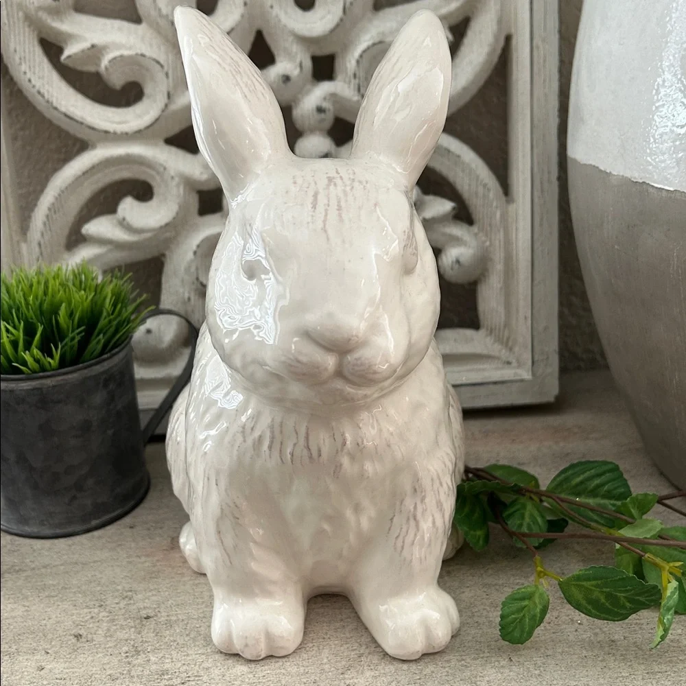 Farmhouse Shabby Chic Cottage Easter Creamy White Ceramic Bunny Figurine decor